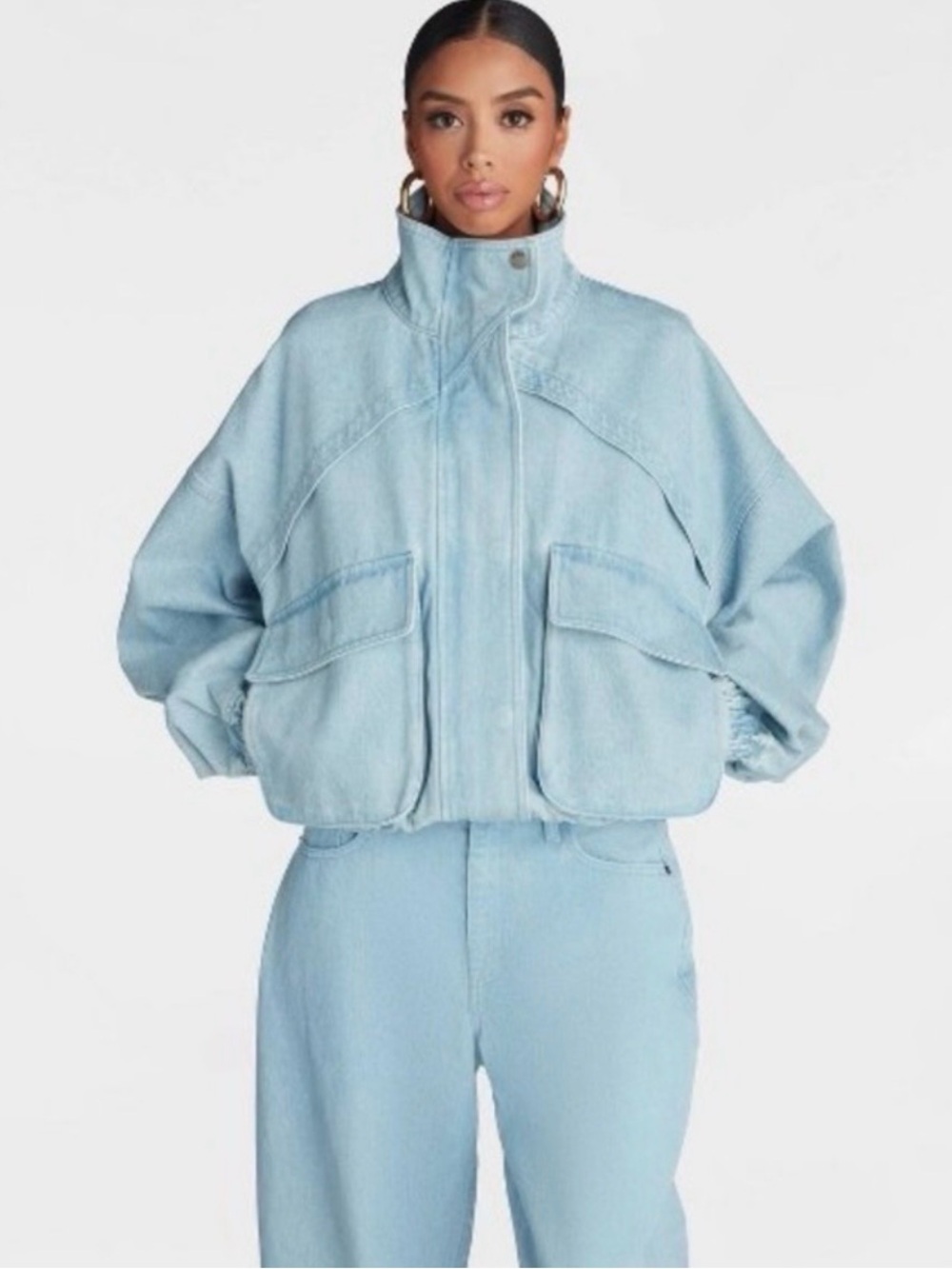 Women's Light Blue Oversized Denim Jacket with High Collar